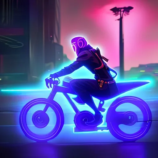 photo of a ninja riding a bike; in an alternate universe in tokyo; cyberpunk; realistic; rain; neon signs