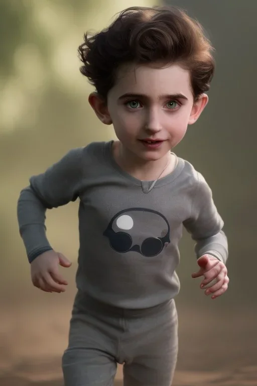 Timothee chalamet toddler, half robot, full body, jump, bokeh, hyper realistic