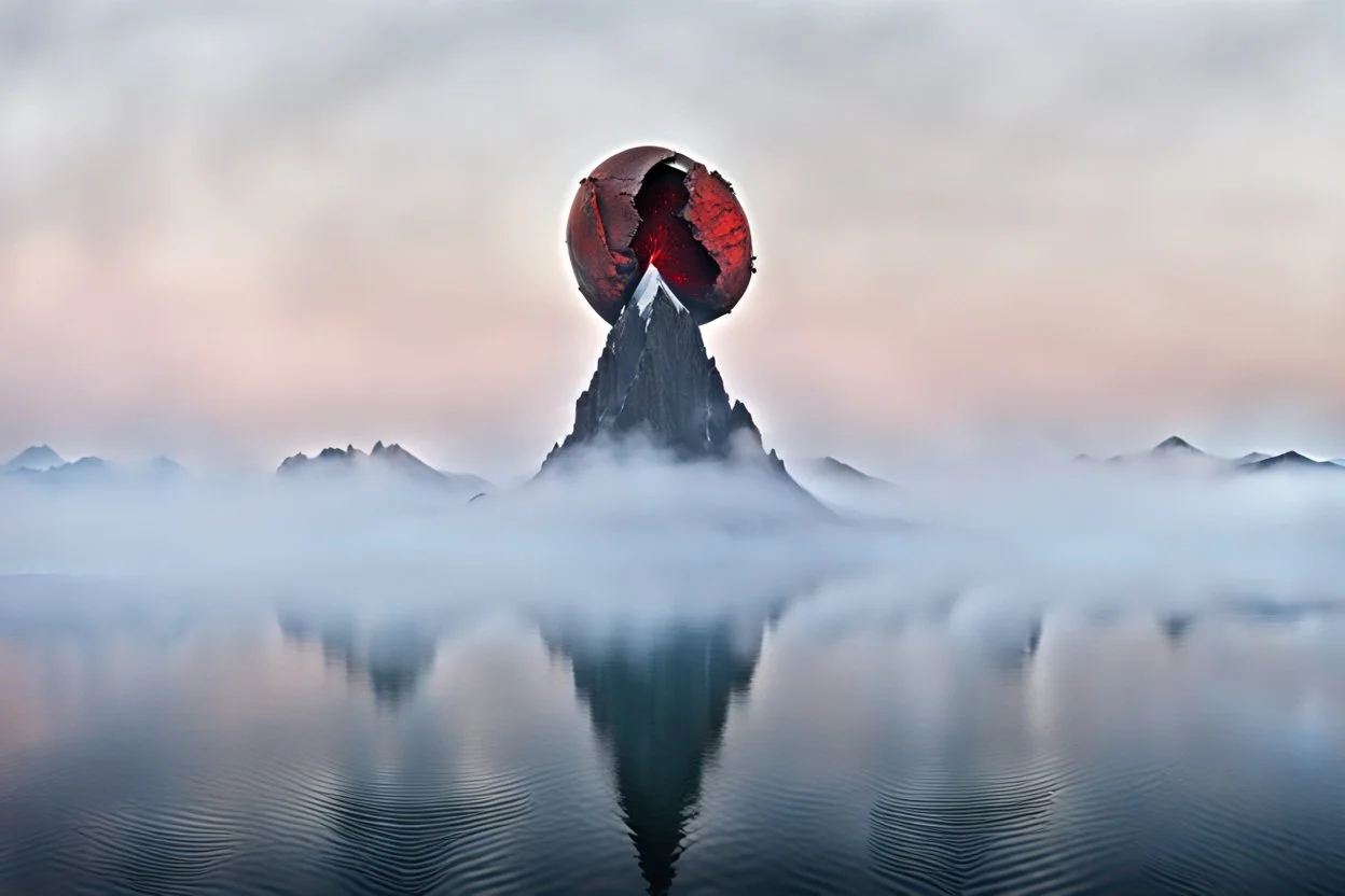 a broken orb is split open and affixed, and deeply impaled upon the lone mountain peak, bleeding down