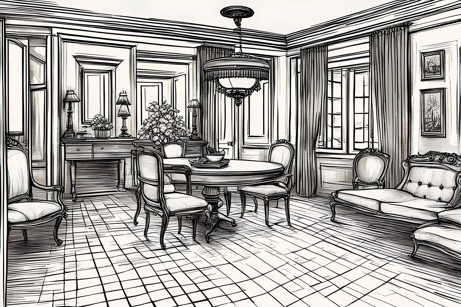 illustration depicting the background of a house interior. The scene should include a table in an empty room, with no individuals present. Emphasize the atmosphere and details of the room to evoke a serene and unoccupied ambiance