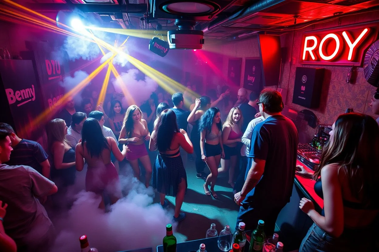 dans golv på en nedsliten sunkig techno club, många personer som dansar, yppiga kvinnor, mycket scen rök i lokalen, och gula röda strobes, en del personer ser in i kameran och skriker: "Benny!" och en Neon Skylt med texten "DJ ROY" på väggen, DJ Roy skriker rätt in i kameran, öppen mun, mycket flaskor och glas i baren