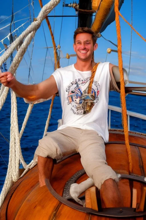 a cheerful sailor sitting on rum barrels aboard a sailing ship at sea, with the ship's steering wheel in the background