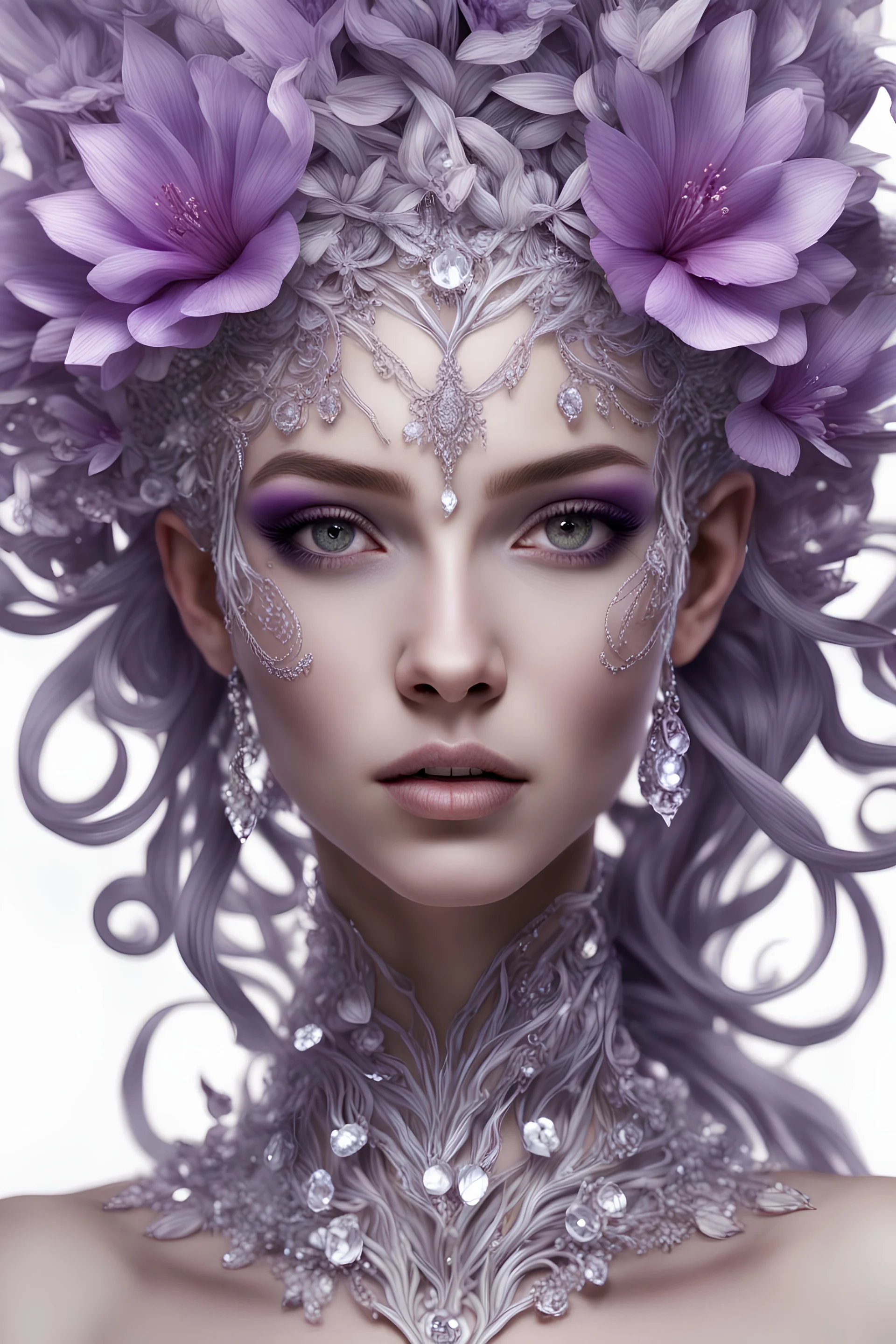 beautiful girl, beauty of a flower, gorgon, hyper-detailed face, diamonds, diamonds, rubies, girl, beautiful, realistic, professional photo, 4k, high resolution, high detail, close-up, octane rendering, body art, patterns, lavender color, white background , Silver wire wrap art elf fantasy, filigree, dark botanical, ultra detail, HDR