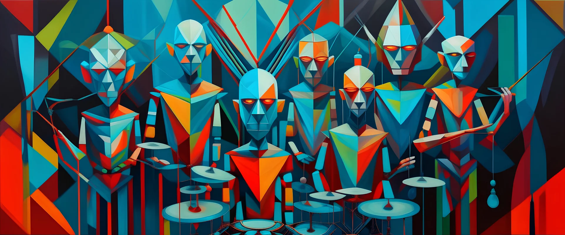 Portrait of a virtual band named The Quantum Alternative. They are all very cartoony and sci fi. Geometric style, oil painting, six members. They have strange abnormal instruments. Extremely simple style geometric shapes