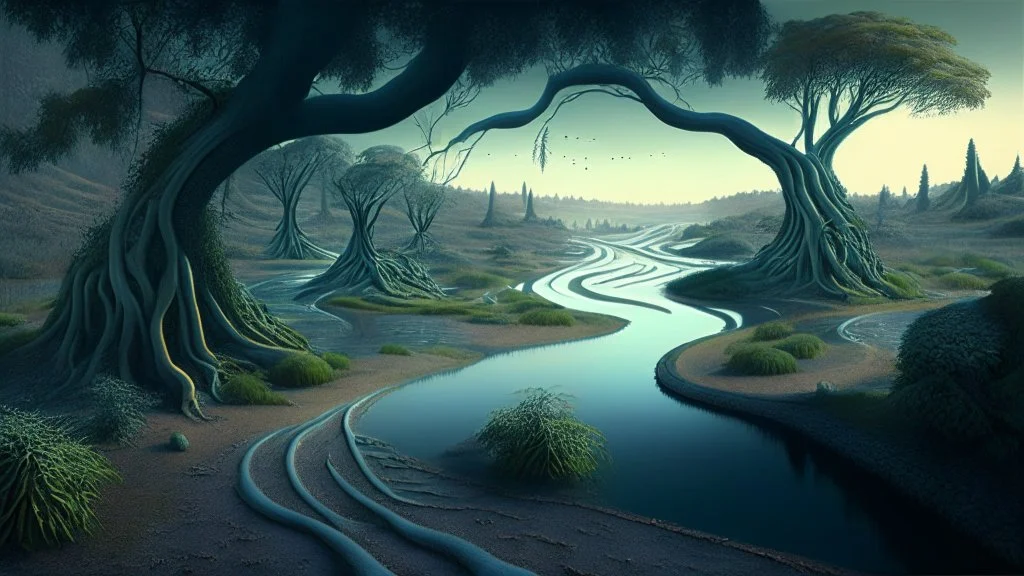 alien landscape with trees, pathways, river