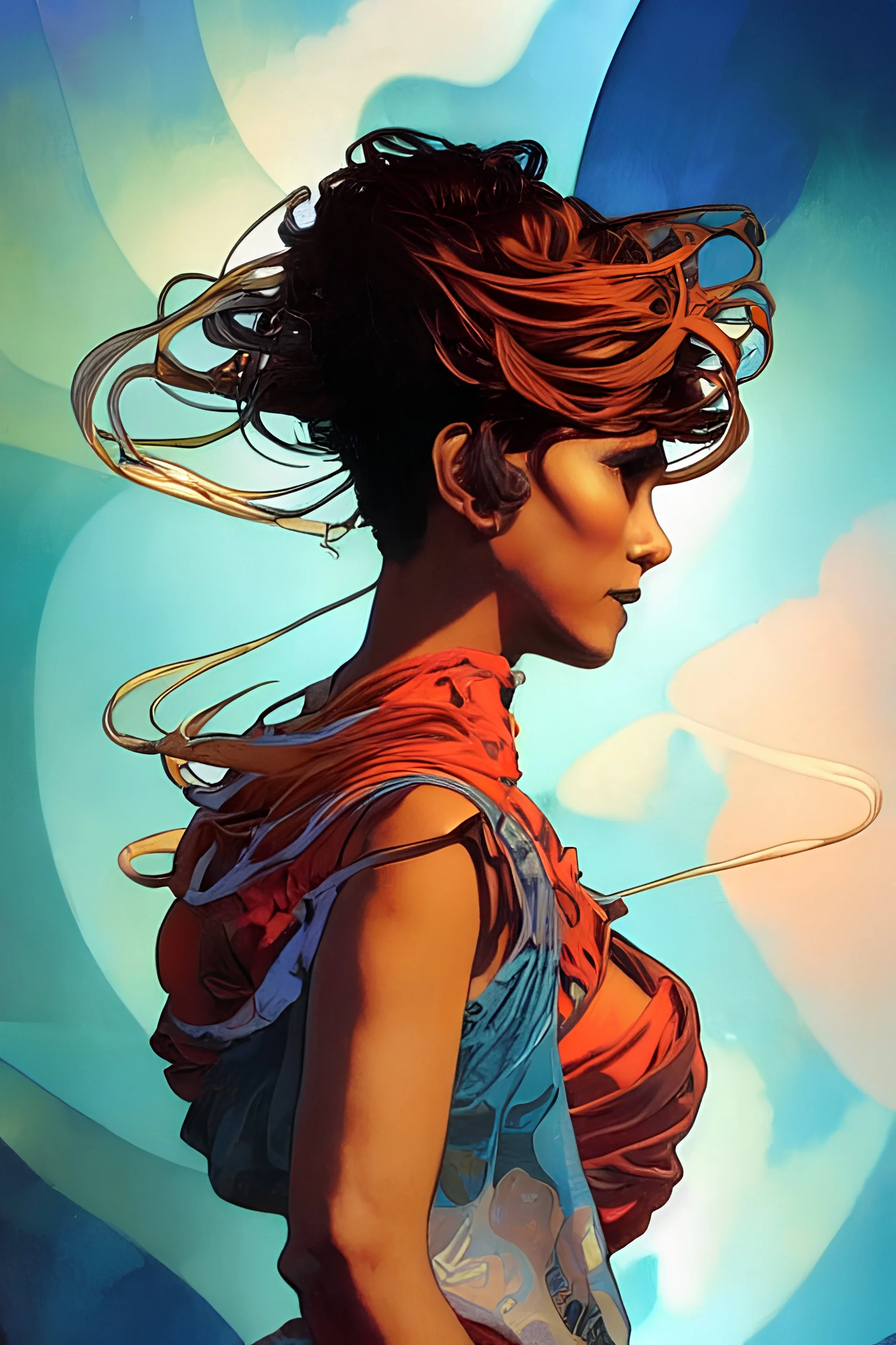 Halle Berry shin hanga Ukiyo-e Alphonse Mucha Jim Burns 8k resolution WLOP concept art by Greg Rutkowski backlit dynamic lighting hyperdetailed intricately detailed Splash art trending on Artstation Unreal Engine 5 volumetric lighting Jordan Grimmer orange and teal, red white and blue shorts, Moebius anime art deco abstract airbrush art