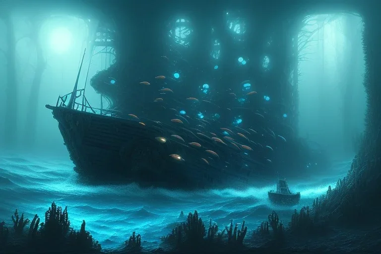 deep sea forest landscape shipwreck