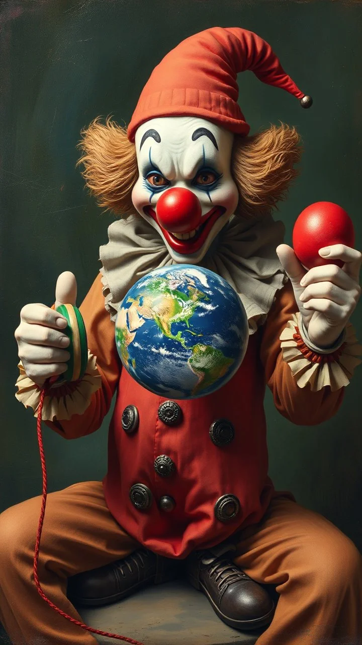 Bosch style painting , A 3D clown holding a yo-yo game of planet earth dingle down the yo-yo string