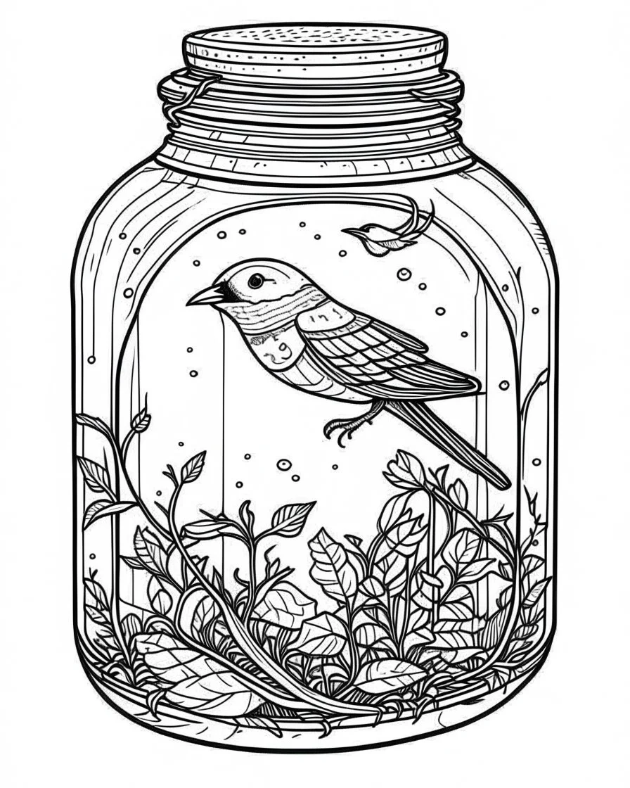 bird life in jar minimalistic, line art, background, vector, svg, coloring book page style, black outline on white background