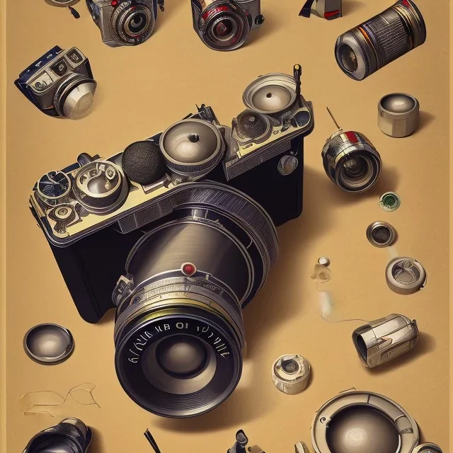 components of the camera laid out flat. poster design. high detailed. oil on canvas.