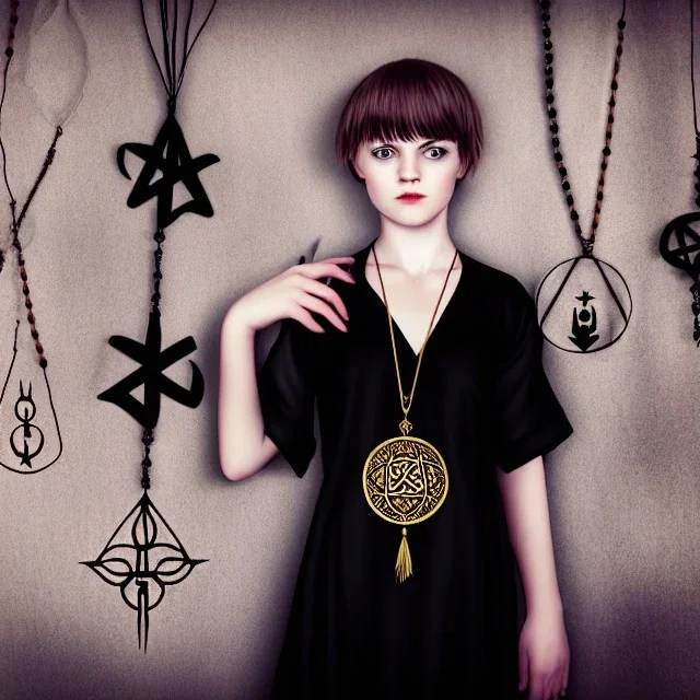 Realistic photo Russian shorthair tomboy with black magic amulet on the neck boyish face men's look boys face boylike in lacy girlish nightgown in girlish room with amulets of black magic and symbols of evil forces on the wall