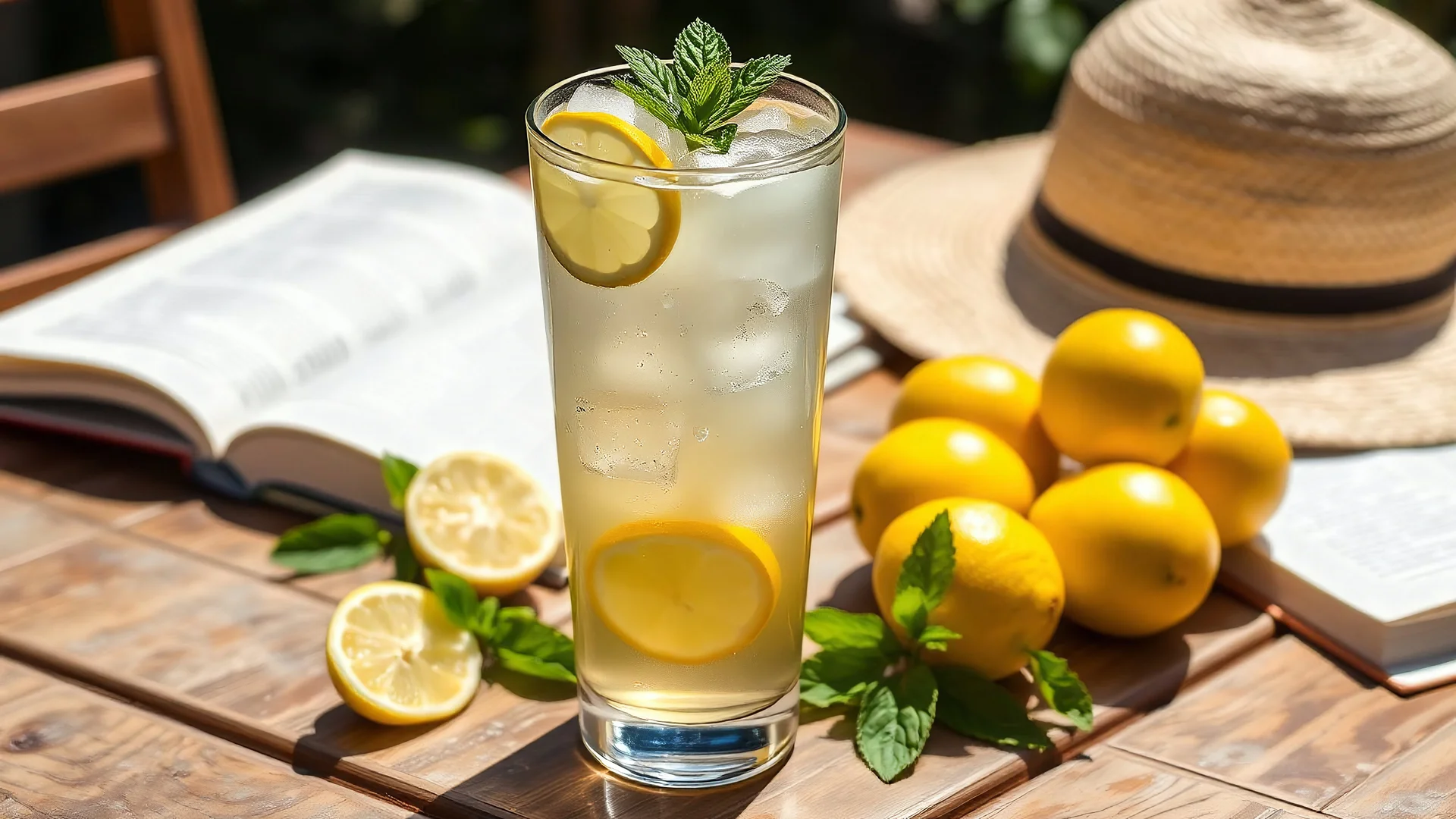 A tall glass of iced tea with lemon slices, filled with ice cubes, and garnished with a sprig of fresh mint. The glass is set on a wooden outdoor table with the sun shining, surrounded by a few lemons, a straw hat, and a book, capturing the essence of a relaxing summer day.