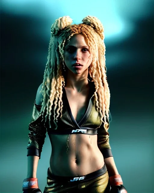 portrait, Shakira, blonde artist, angry, Realistic image, MMA robe, hoodie, mma gloves, fight pose, make-up make-up, gold line make-up, sweat, fog, goddess style, Neon colors, leds. Black background, photo studio, concept art, smooth, unreal engine 5, god lights, ray tracing, RTX, lumen lighting, ultra detail, volumetric lighting, 3d, finely drawn, high definition, 4k.