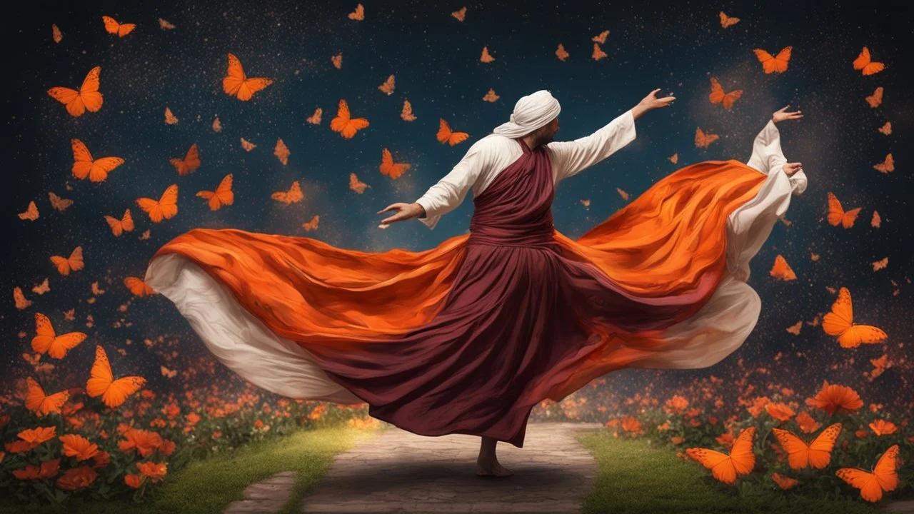 Hyper Realistic Sufi Whirling with Orange & Maroon painted cloth Islamic Sufi Rustic Grungy in a beautiful flower garden at dark night with butterflies, fireflies, water-fountain & starts on sky