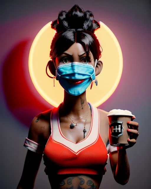 hybrid character, waitress sexy woman with monster muppet mask that covers her entire head, short shirt, tray, beer, old school tattoo, retro style, Sesame Street style, hot, smooth, unreal engine 5, god lights, ray tracing, RTX, lumen lighting, ultra detail, volumetric lighting, 3d.