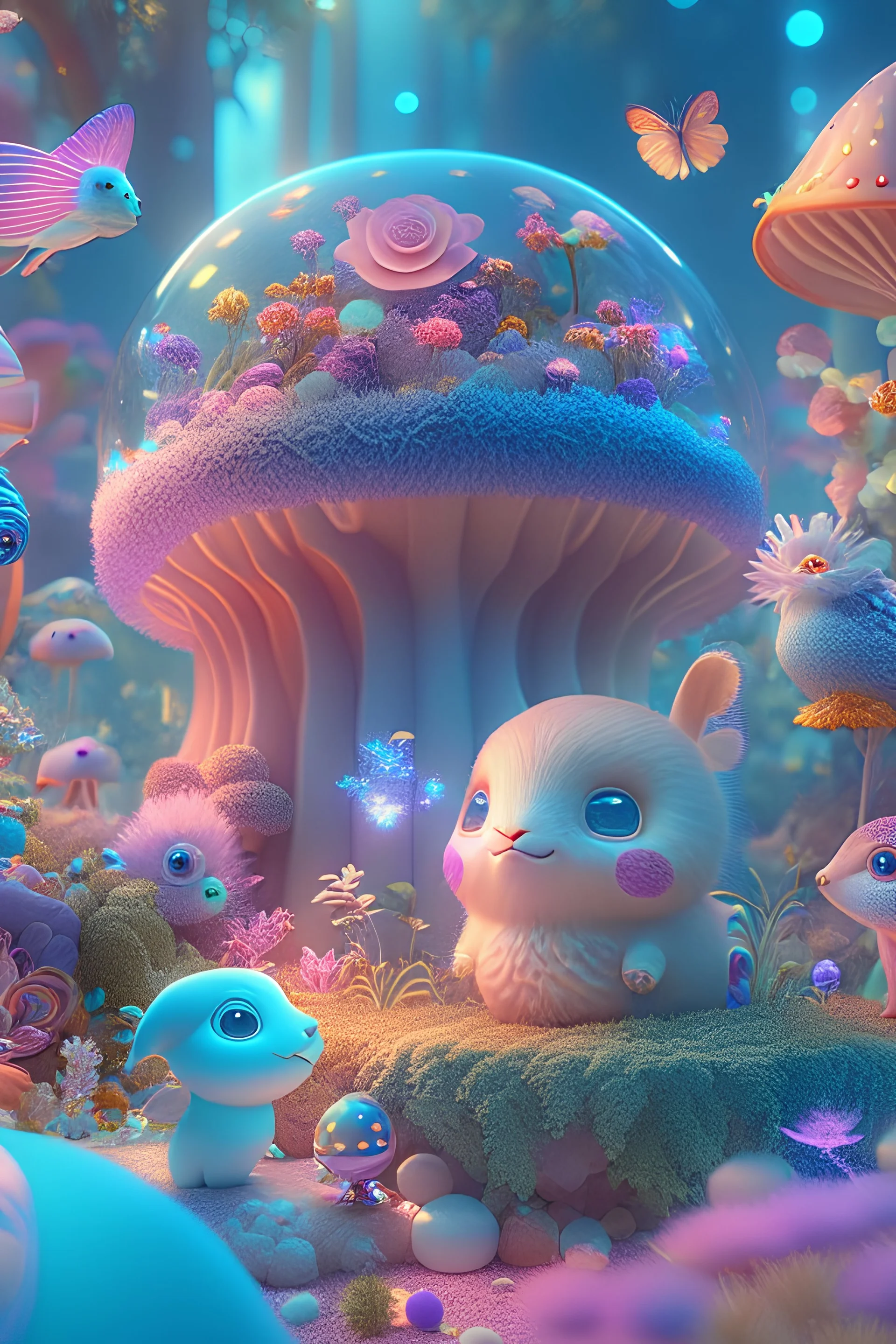 A magical children's world with a lot of strange and cute creatures. magnificent, majestic, detailed, ultra high resolution, 8k, complex 3d render, ultra sharp focus, cinema 4d lighting