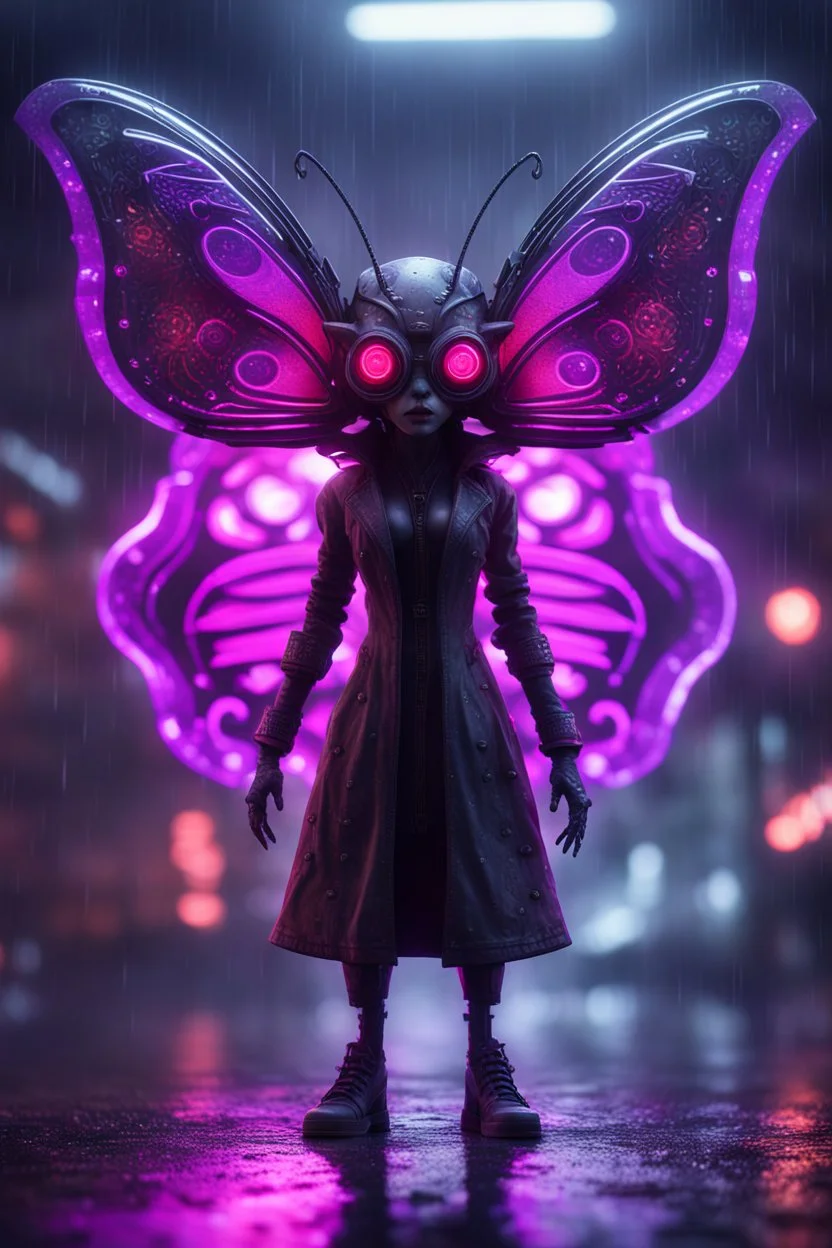 Volumetric fog gremlin butterfly bot lights,paradise sacred geometry framed playing card, black, red, spore and purple neon fire cyber punk dancer thief in soaked rain coat shadows boss card in the style of giger and fallout 4 ,,bokeh like f/0.8, tilt-shift lens 8k, high detail, smooth render, down-light, unreal engine