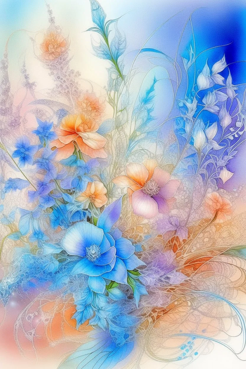 watercolor with rendering, glitter, fantastic delicate translucent flowers, translucent fabulous bouquet, filigree, foxtail, gypsophila, irises, lilac, neon, pastel tones, mint, peach, pearl fastening, filigree, UHD, hyperdetalized, macro photography, lots of details, three-dimensional drawing, botanical, ultramarine haze, high quality, yulsemia,