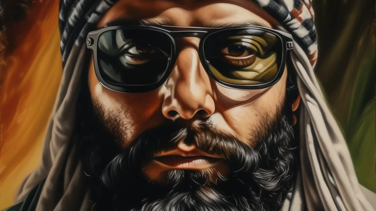 Close portrait of a 40-year-old Arab man with thick beard, wearing a keffiyeh and sunglasses resting on his forehead, highly expressive eyes looking at the camera, face dominating the frame, blurred background, contemporary realistic painting style.