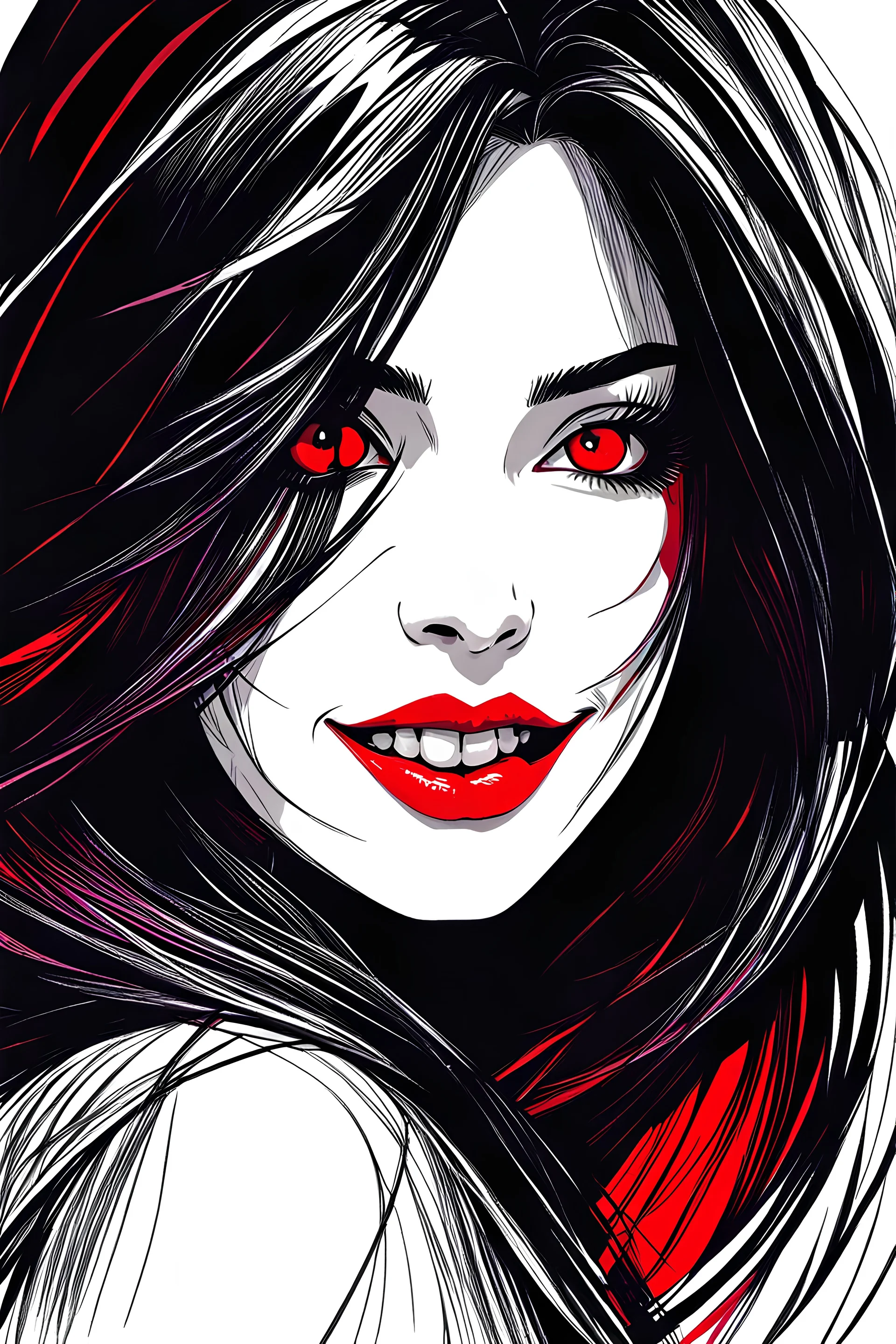 Scratchy pen strokes, blind contour, fisheye perspective closeup, beautiful girl vampire face in darkness, stark hatch shaded sketchy scribbly, ink, strong angular shapes, woodcut shading, pen strokes, cute smiling lips, sexy eyes, minimalist realistic, anime proportions, distorted perspective, some red colors