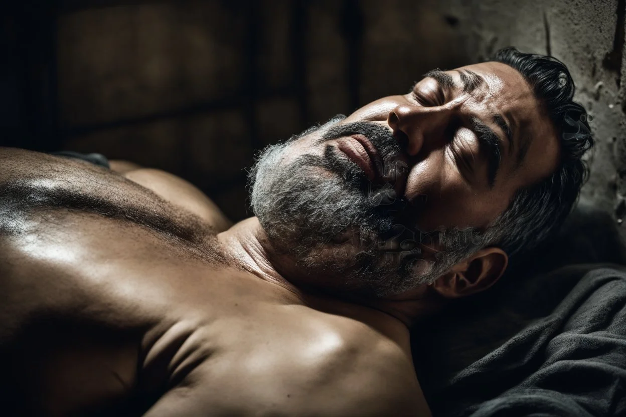 half figure shot photography of a sweat dirty marocan prisoner in cell sleeping lying down on a bed , manly chest, shirtless, muscular strong chubby 56 years old, low lights, ajar mouth, long beard, misery and poverty, dim light enters from a skylight above, lights from above, photorealistic, ambient occlusion, aerial view