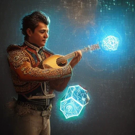 Insanely detailed photograph of an “ a male mariachi focusing on a glowing D20” with intricately detailed Sombrero, intricate armored charo, hyperdetailed painting by Ismail Inceoglu Huang Guangjian and Dan Witz CGSociety ZBrush Central fantasy art album cover art,8K, hdr, mysterious, flickeringlights ,Stoic