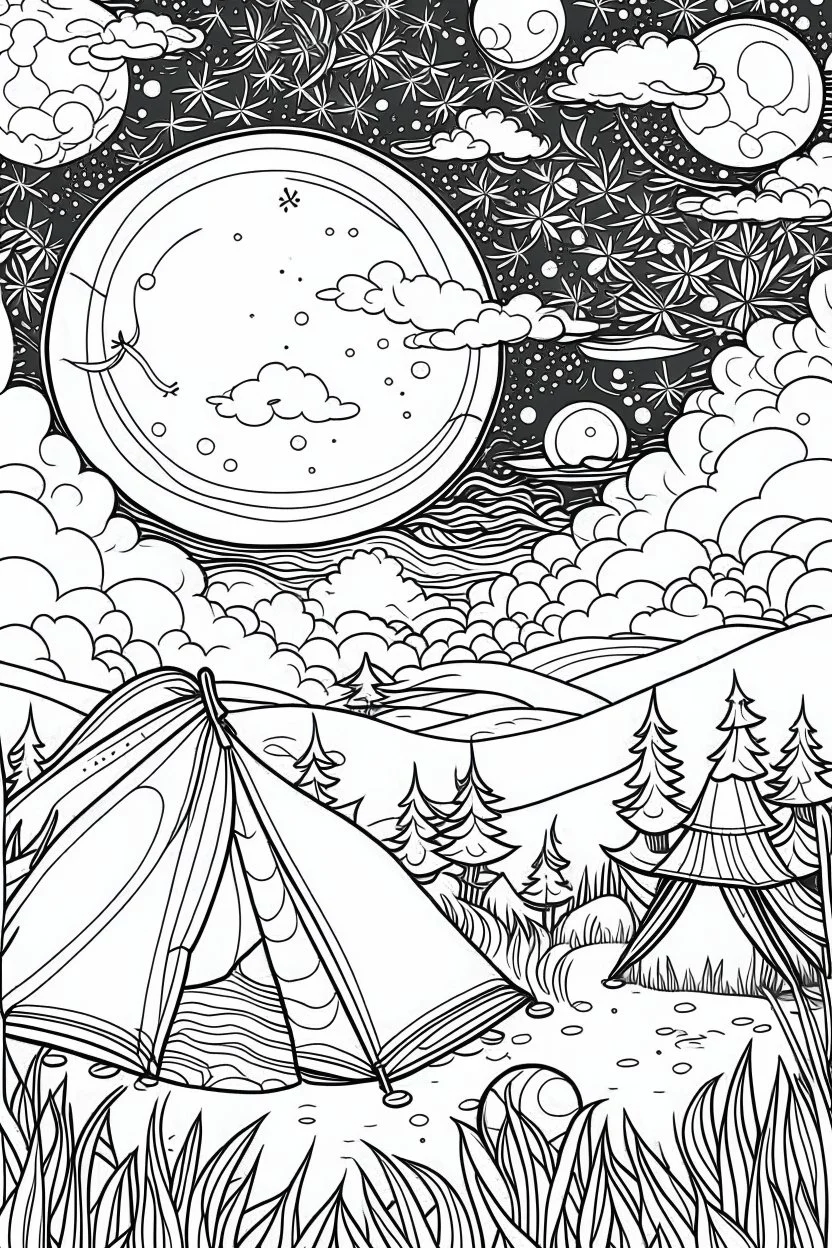 A campsite under a starry night sky, with a crackling campfire and a cozy tent, represents the freedom of simplicity and outdoor living..coloring book page, simple and clean line art, adult drawing book, black and white, crisp black lines, no shades, sharp lines, coloring book for adults, cartoon style, landscape