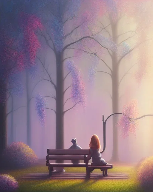 park mystical dream, park bench, man, woman, child, dog, trees, path, bird, sunshine, mystical, fantasy, romanticism, pastel colors, daylight, daytime, acrylic painting, detailed, soft focus,