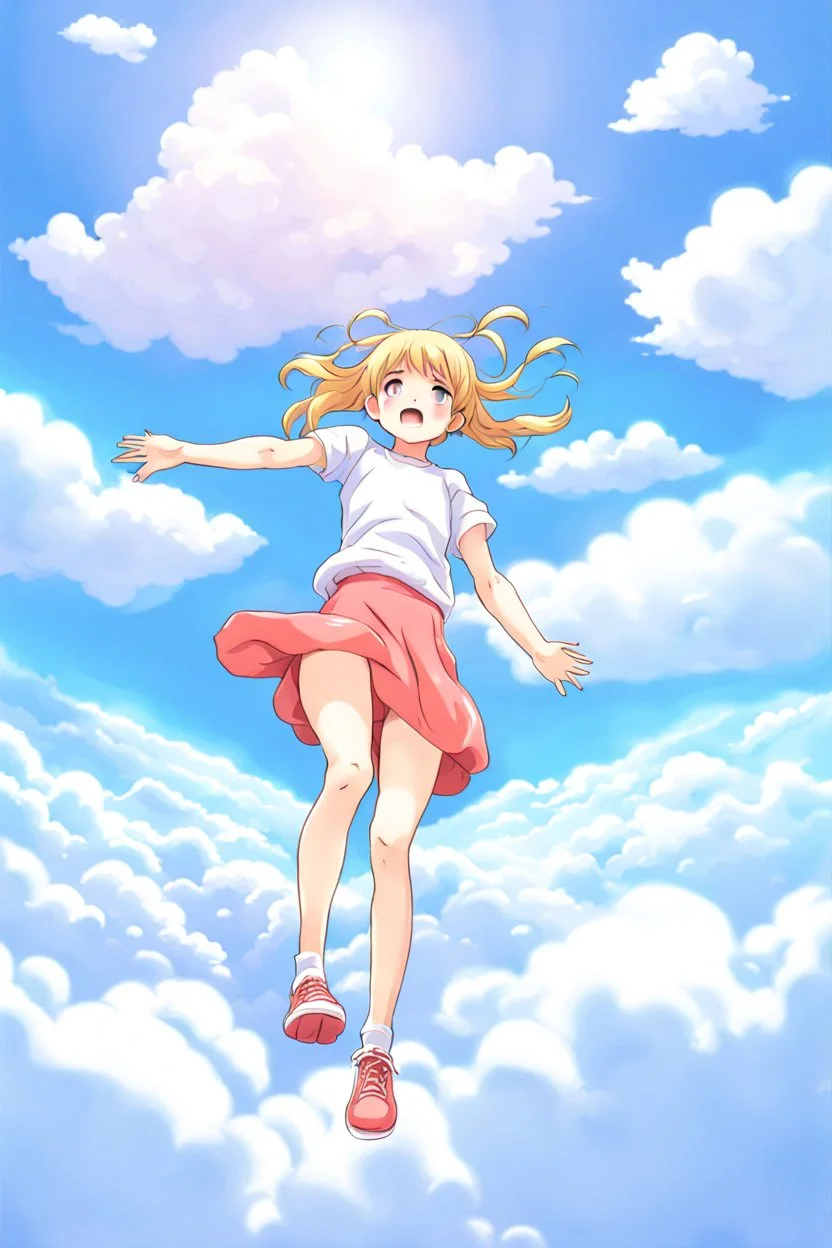 Girl falls from the sky among the clouds. Anime style