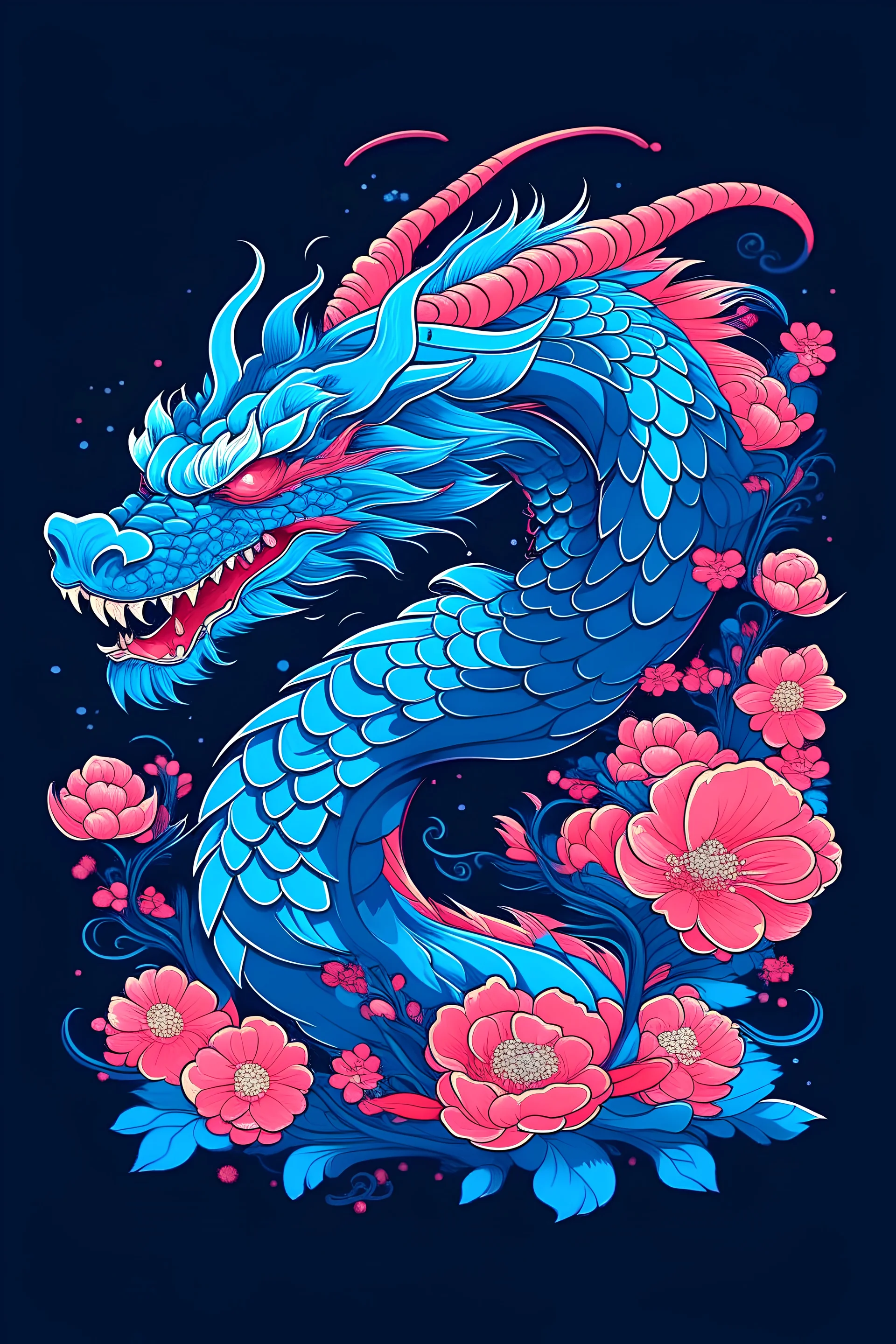 Vector design of blue young dragon with pink flowers and chinese elements