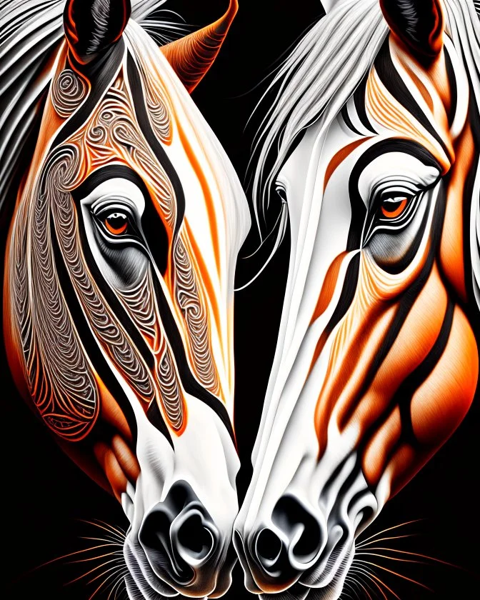 Horse symmetrical design symmetrical eyes symmetrical ear symmetrical frontal view ink art colours orange cream white and black hyper-detailed realistic 8k