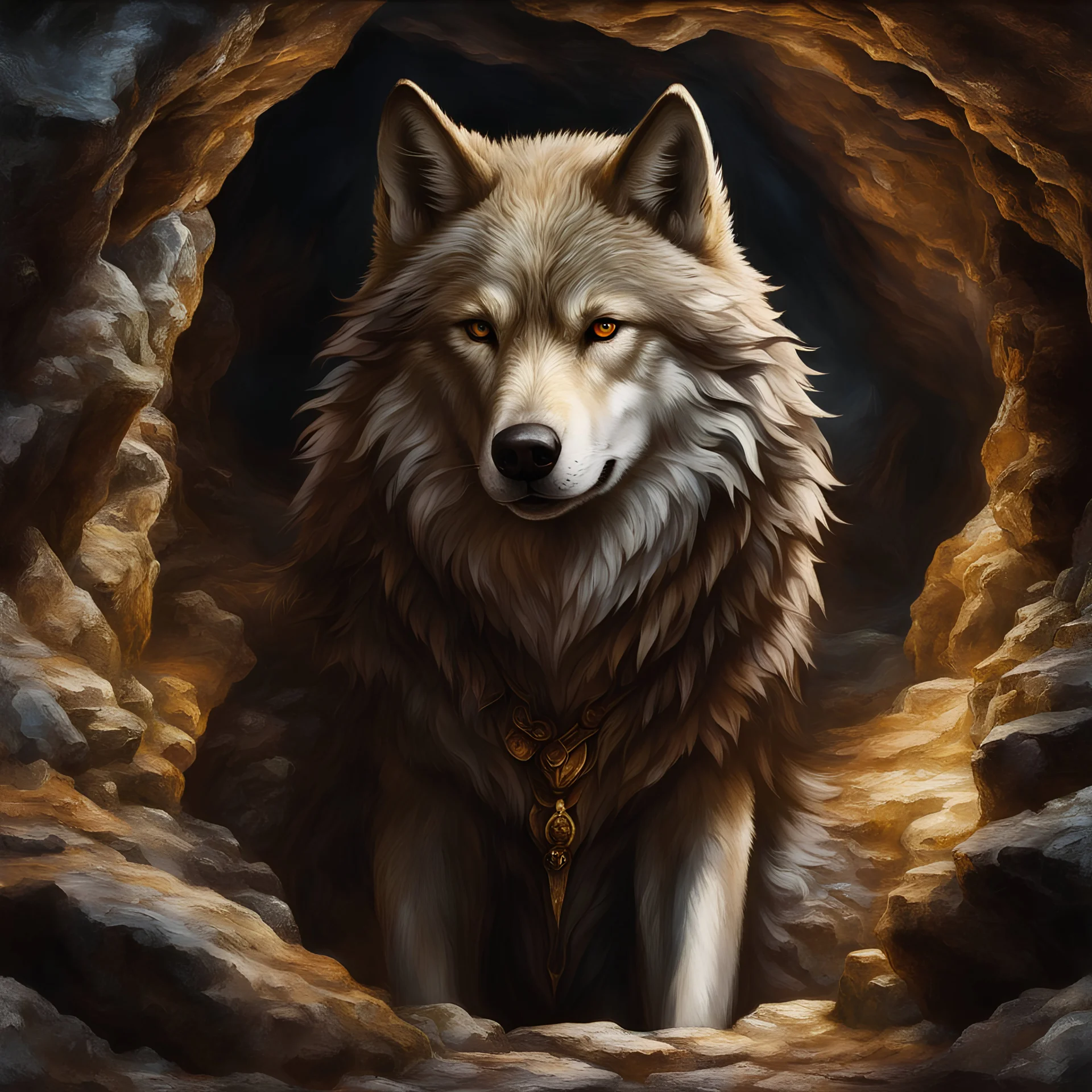 dnd, large wise wolf, detailed mesmerising brown fur, realism, underground cave with shrine background