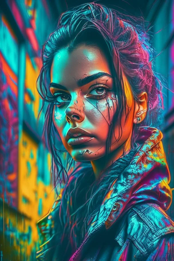 beautiful woman set against a gritty urban backdrop, The image should be highly detailed and intricate, with a sharp focus on the woman features, and a neon color palette that pops against the dark background, the style should be reminiscent of street art and urban culture, with exaggerated and stylized features that give the portrait a larger-than-life feel, trending on artstation and instagram, art inspirations include banksy, Shepard Fairey, and lady pink, set against a gritty urban backdrop,