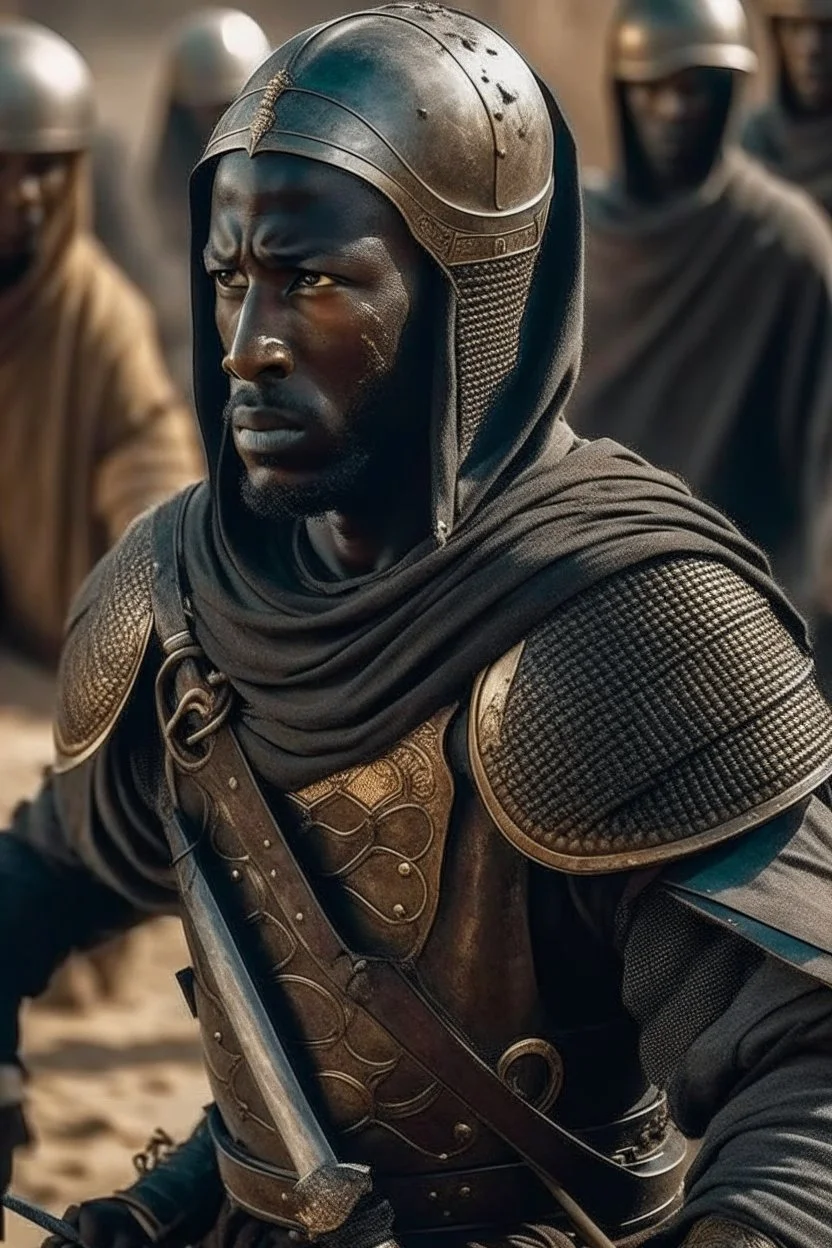 A picture of a black-skinned Muslim man, a knight, witnessing battles