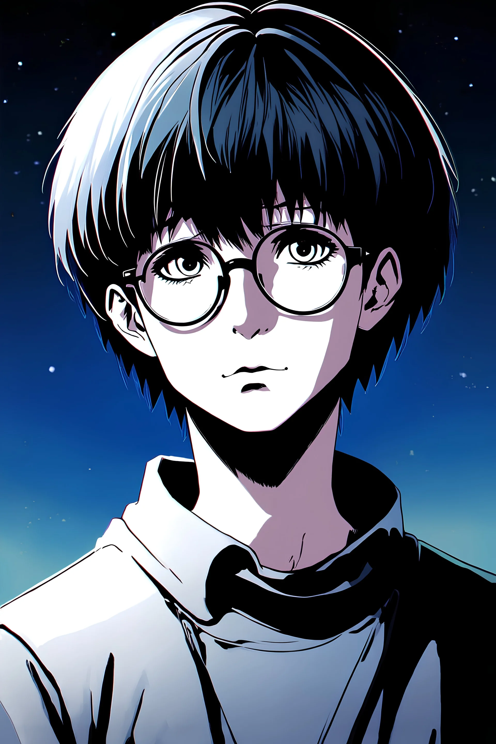 Highly detailed portrait of a young, solitary individual with short hair, wearing modern punk-style glasses, set against a nighttime background, anime illustration style.