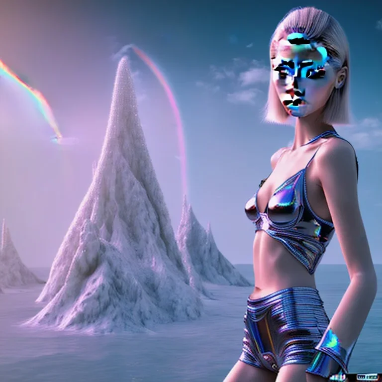 Sasha Luss with a VR headset running in futuristic Edimburgh on chrome water and rainbow sky