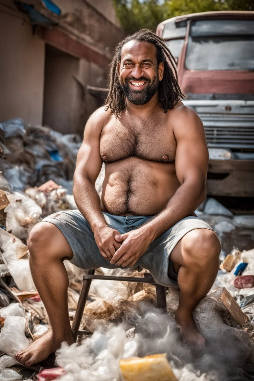 full figure shot photography of an angry dirty wet sweat strong hairy big short beefy burly ,39 years old ugly smiling marocan , big nose, bull neck, short beard, dreadlocks, shirtless, manly chest, big belly, bulging shorts, emotive eyes , sitted on a chair relaxed ,belly up ,open legs, on a pile of garbage, angry eyes, big shoulders, side light, top view, aerial view