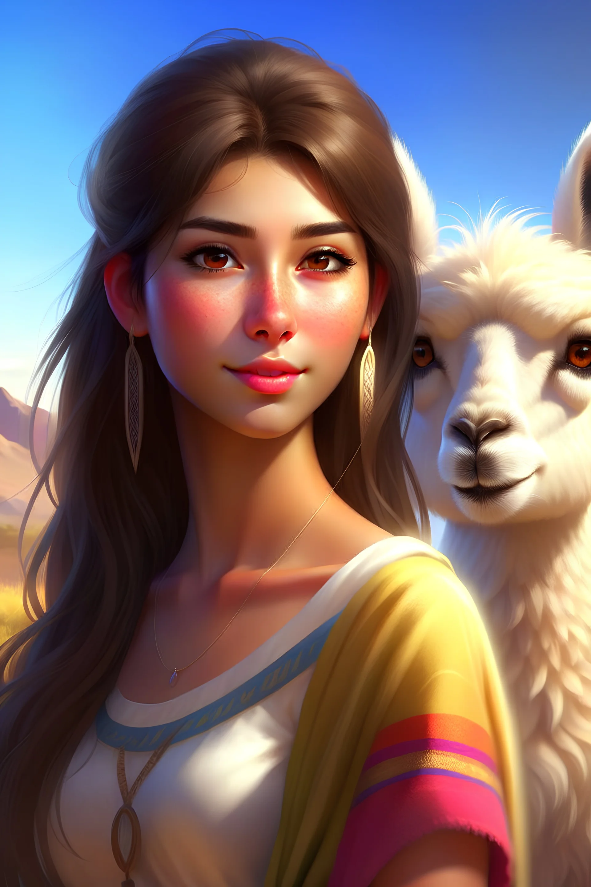 Digital art, high quality, digital masterpiece, natural illumination, sunny day, realistic, film style, (full body:2.5), (1 young peruvian girl:3), (dark brown hair:1.8), (sexy green eyes:1.8), (llama ears on head:2.3), (fluffy llama ears:1.8), (llama ears headband:1.8), (tall:1.8), (White peruvian pajamas:1.8), Peruvian patterns, (Peruvian town at background:1.8), Peruvian town