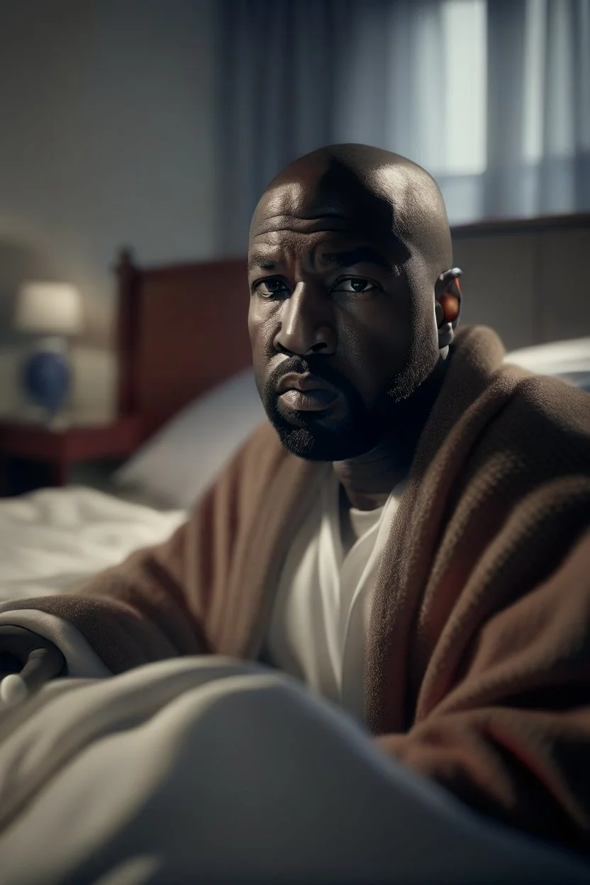 kanye west(Ye) posing in bed , photo-realistic, shot on Hasselblad h6d-400c, zeiss prime lens, bokeh like f/0.8, tilt-shift lens 8k, high detail, smooth render, down-light, unreal engine 5, cinema 4d, HDR