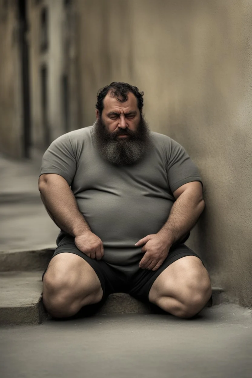 macho chubby ugly muscular sicilian man in the darkness, sleeping relaxed sitted on an little empty street, 33 years old, bulging dirty tracksuit, dirty, bullneck, hands behind the neck, manly chest, very hairy, ajar mouth, long beard, big shoulders, relaxed, photorealistic, well defined facial features, half figure photography, big nose, in the night, misery and poverty, view angle from the ground, dim side light