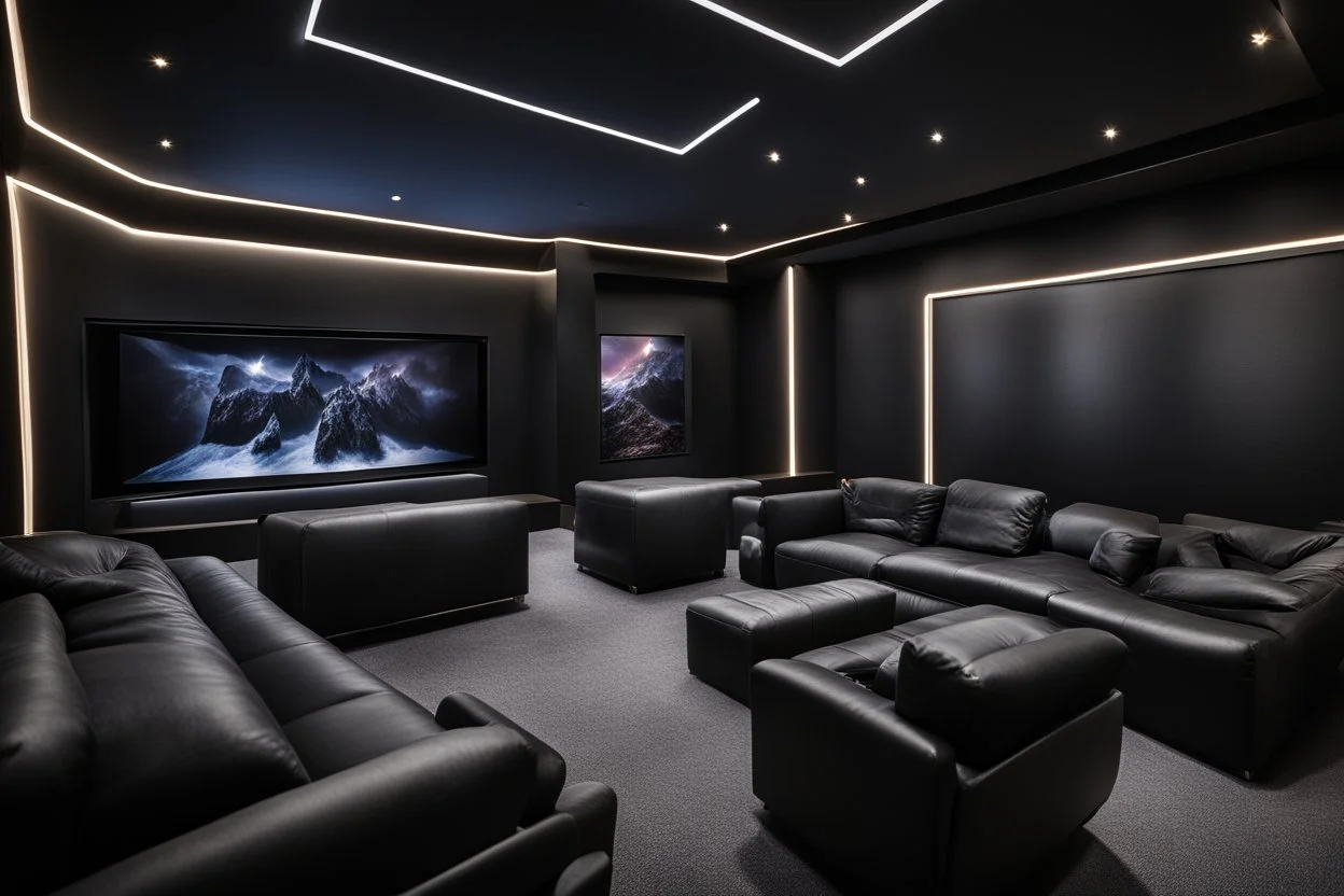 a black themed dedicated home cinema room with LED ambient lighting in the walls make sure the room is completely symmetrical