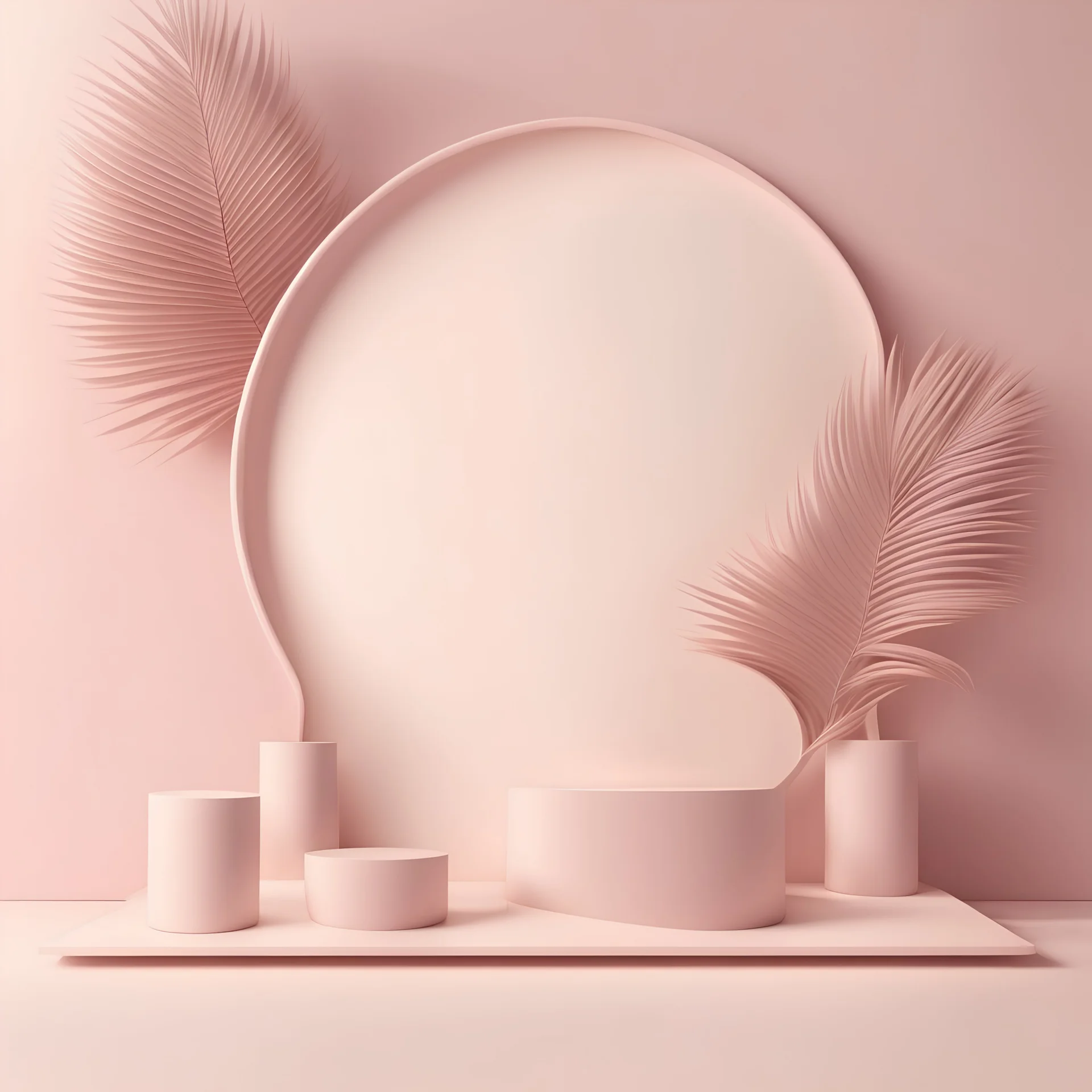 3d render mockup podium stand table shelf. Purple pink beige nude white abstract background. Palm tree leaf shadow. Nature. Light pale pastel. Design beauty product cosmetics. Wall stage room studio.
