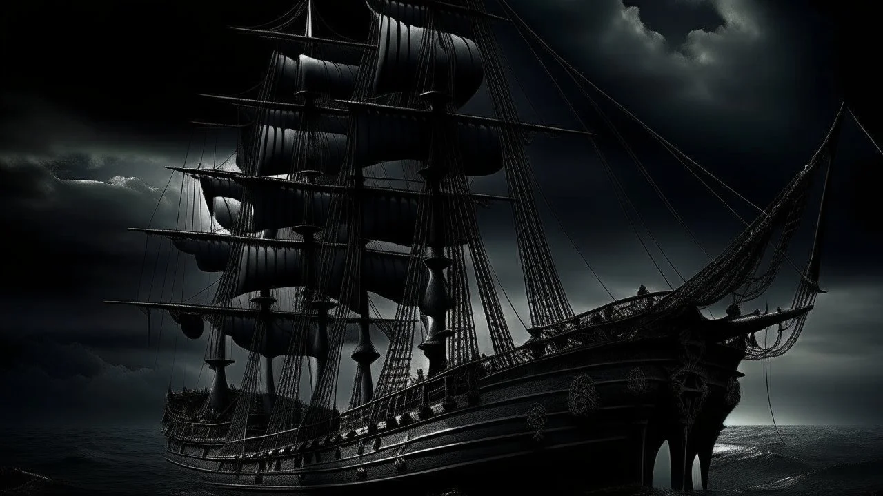 A blackened and sinisterly glamorous schooner emerges from the shadows, its hull adorned with intricate lace detailing and opulent gemstone accents. This Gothic masterpiece is captured in a photograph that shows the vessel as the epitome of dark elegance. The stark contrast of the elegant metal structure with the stormy backdrop elevates the drama and sophistication of the scene. Every curve and line radiates a sense of mystery and allure, inviting viewers to delve deeper into a world of hauntin