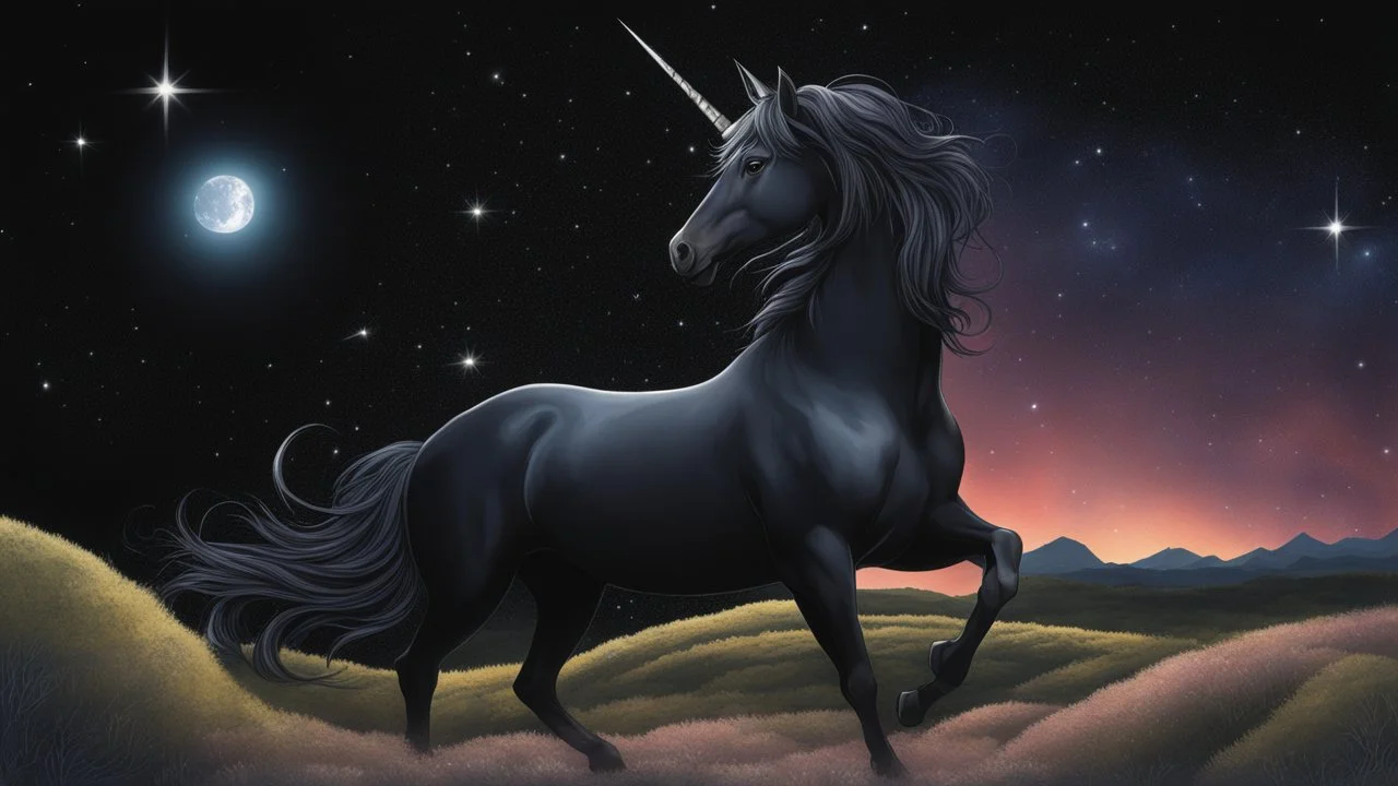 A night sky seen from the bottom of a deep valley. an exploding star filling the sky. a black unicorn.