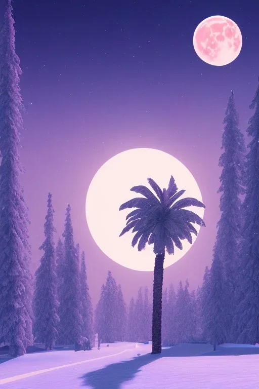 1980's aesthetic vaporwave palm trees with lighting with moon with audi in the winter snow