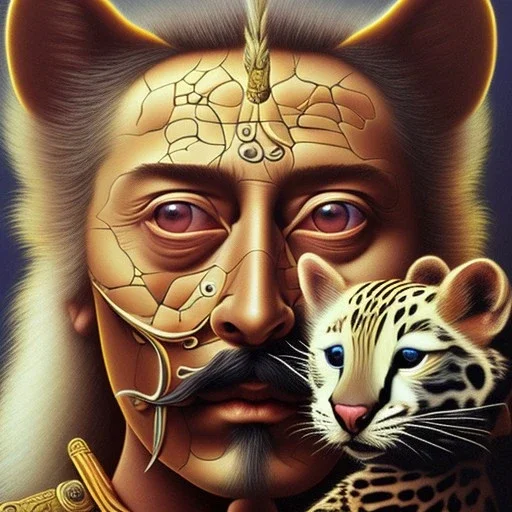 Salvador Dali with his pet ocelot Babou , hypperealism , surrealism , outlandish , extreme, high definition , high detailed, vivid deep colours,triple colors complex, oil on canvas ,8k portrait,sharp,beautiful faces ,beautiful eyes ,elegant moustache, focus, close up, fantasy view ,masterpiece, by Salvador Dali .