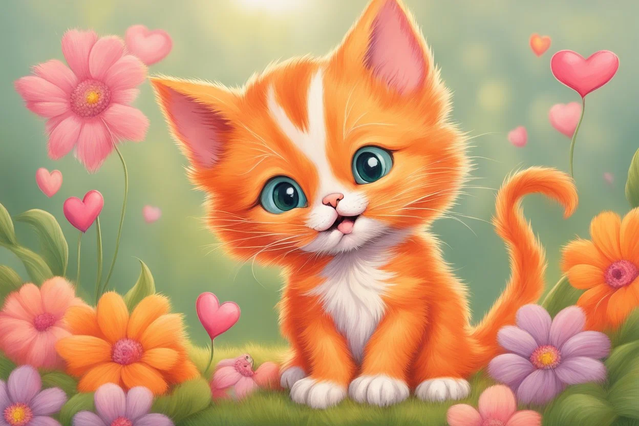 a fluffy orange kitten makes friends with a cute gray mouse on Valentine's day, happy vibe studio lighting fantastic view colourful very cute Lisa Frank richard scarry