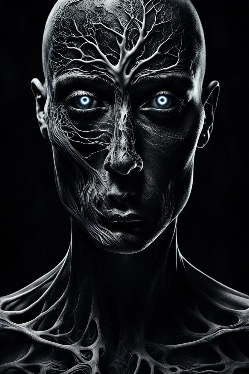 surreal abstract fade human portrait, lack black eyes, under skin fade light led and black veins, Darkness is sometimes, it is the moment of realization. The shadows rising from the depths are not merely terrifying; they are the offspring of our minds, surreal abstract things andt shapes, . darkness looking me, and eating face, body, close up the crepy stunning portrait, shadows, evil darkness, surreal, thiller vibe, background vortex, abyss,crepy vibe, intricate details, cinematic