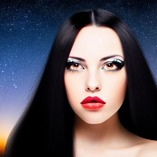 lady with long black hair and black eyes short under the Stars