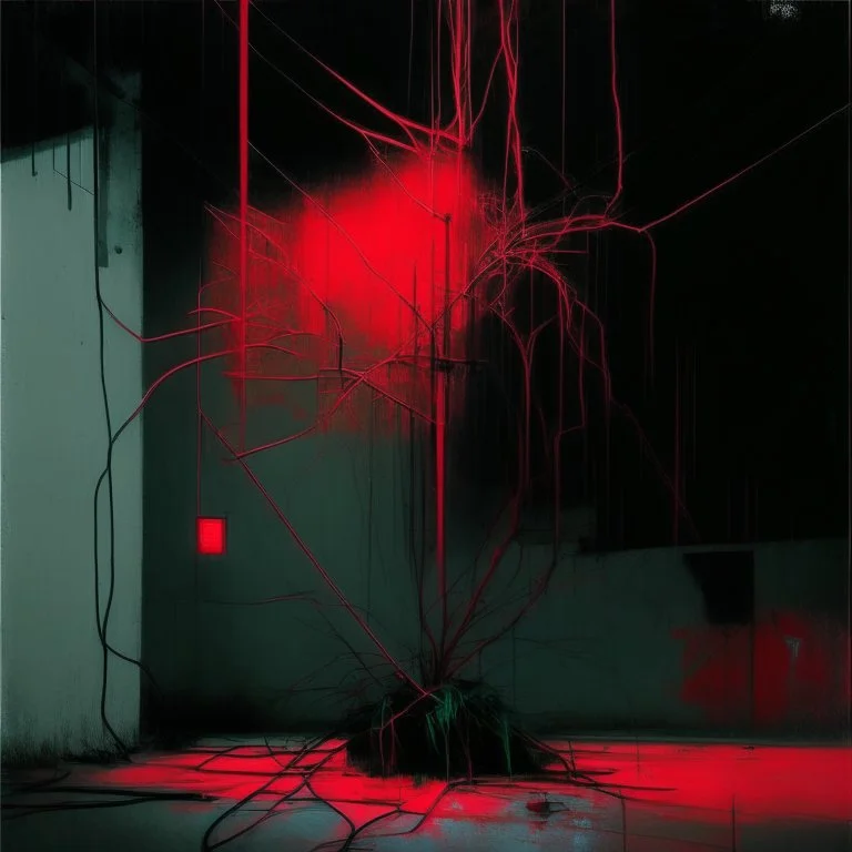 Minimal abstract oil painting of a neon plant in concrete warehouse brutalist architecture and hanging wires illuminated at night. With triadic red colours. In the style of Justin Mortimer and Phil Hale, Ashley Wood